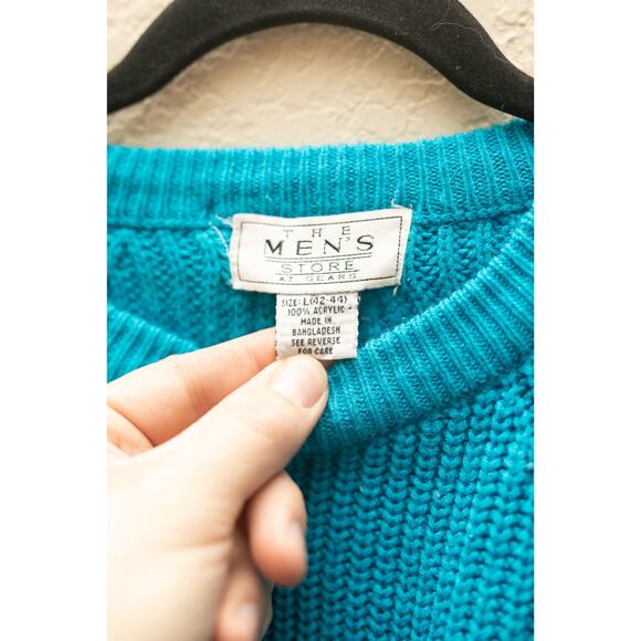 Vintage The Men’s Store at Sears Sweater – Bright Turquoise Chunky Pullover (L) - Picture 3 of 4